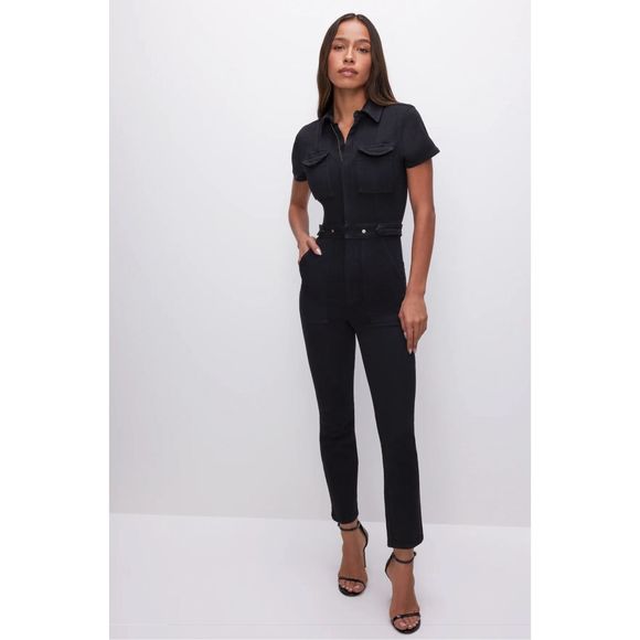 Good American Fit For Success Denim Straight Leg Jumpsuit Black Size 2/ M - Picture 1 of 8